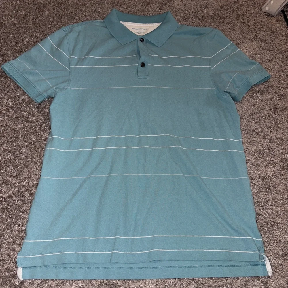 Banana Republic‎ Polo Shirt Mens Size L Blue/White Striped Short Sleeve Fitted